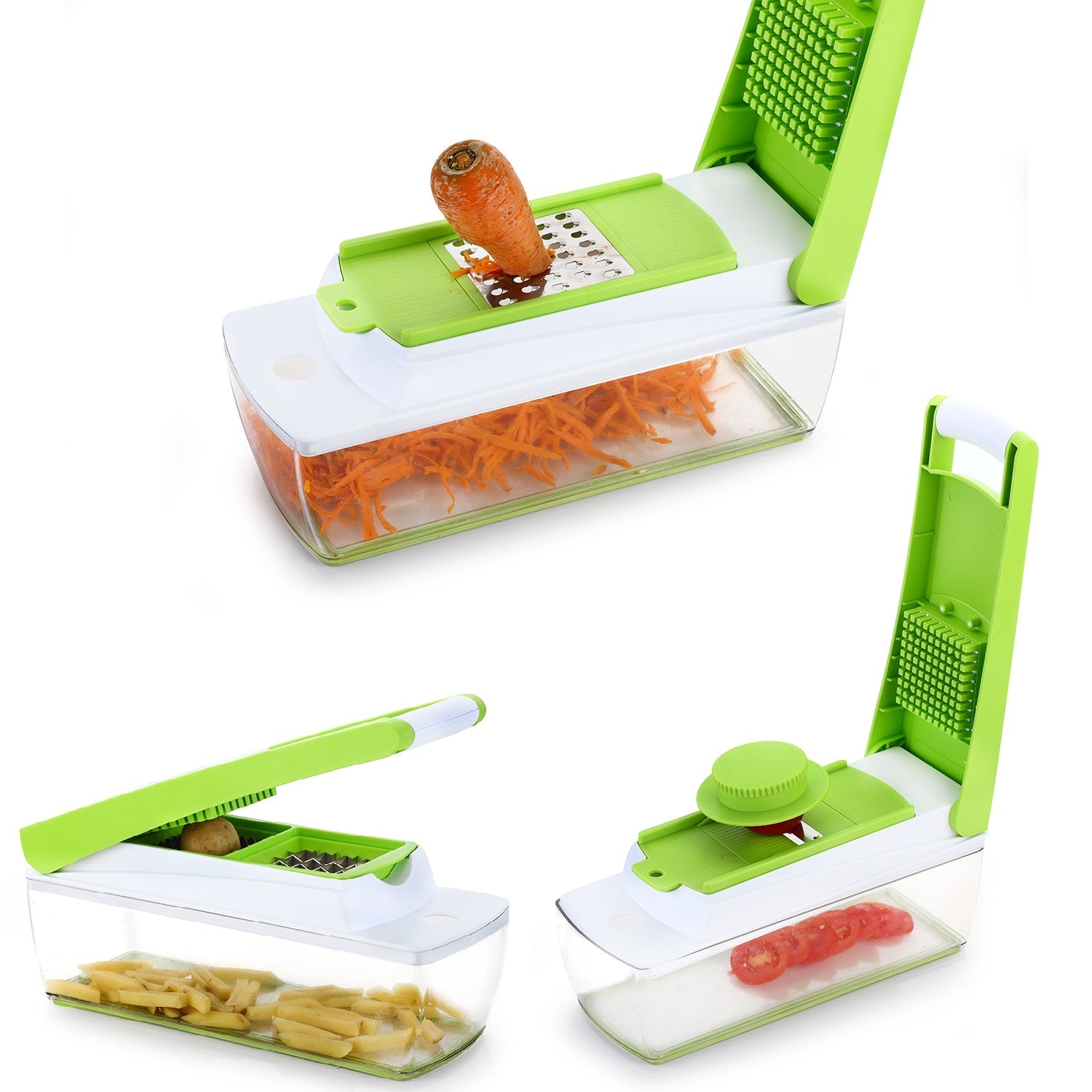 Snowpearl 14-in-1 dicer, quick and versatile, shown from different perspectives. Snowpearl 14-in-1 dicer, quick and versatile, shown from different perspectives.